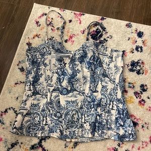 PrettyLittleThing blue renaissance print structured corset top
